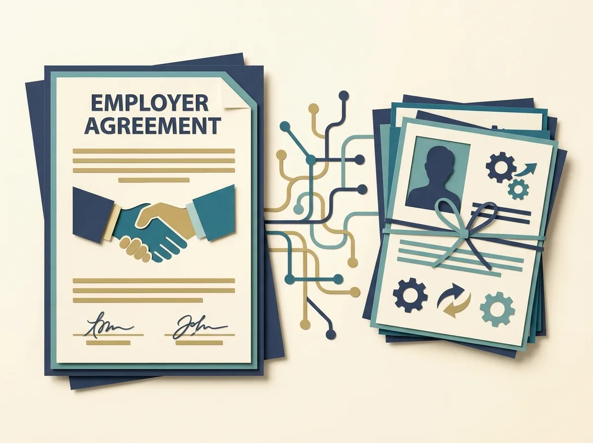 An employer agreement beside a separate stack of candidate profile cards.