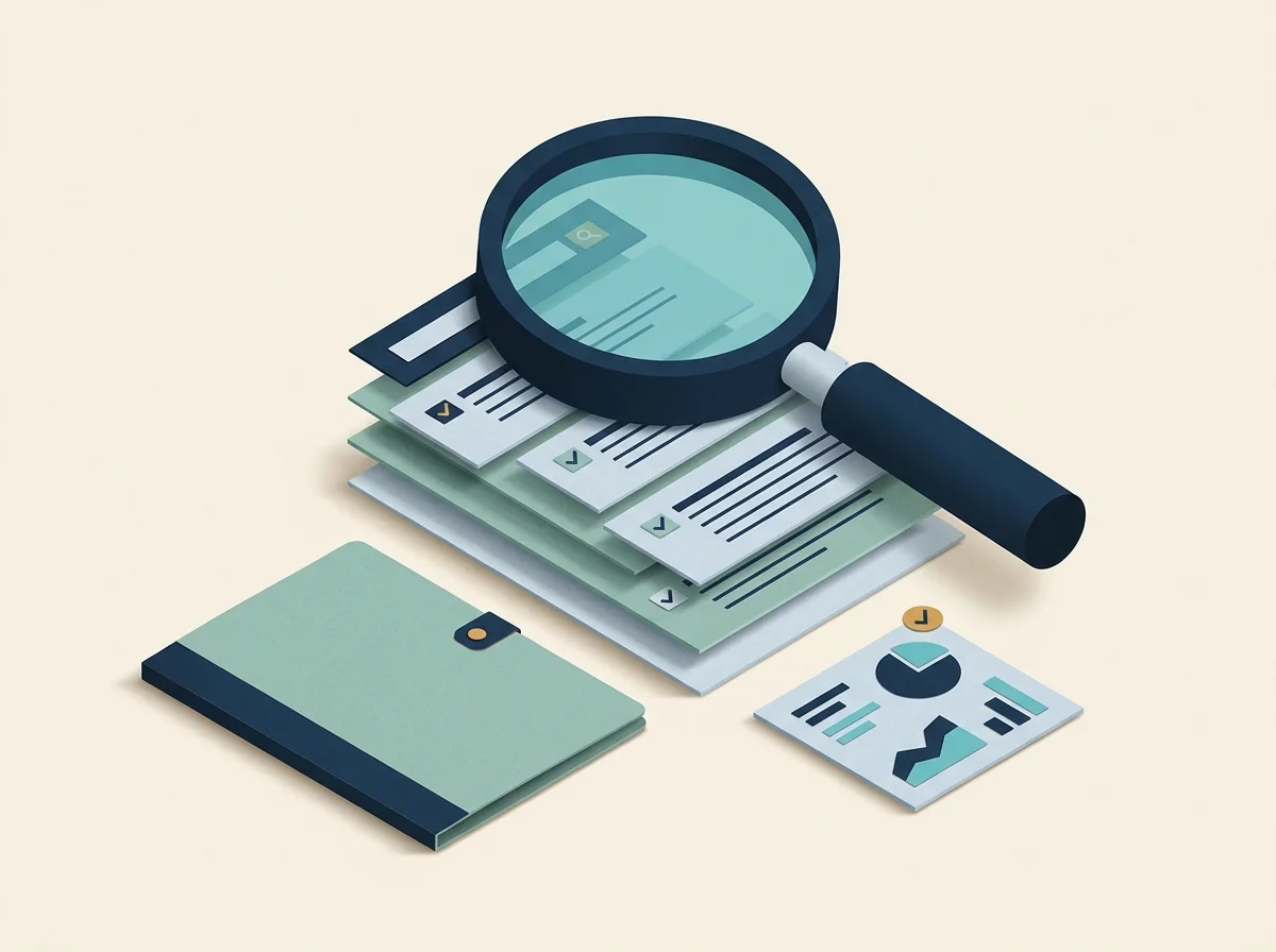 A magnifying glass examines stacked search-result cards beside a client retainer folder and reporting tile.