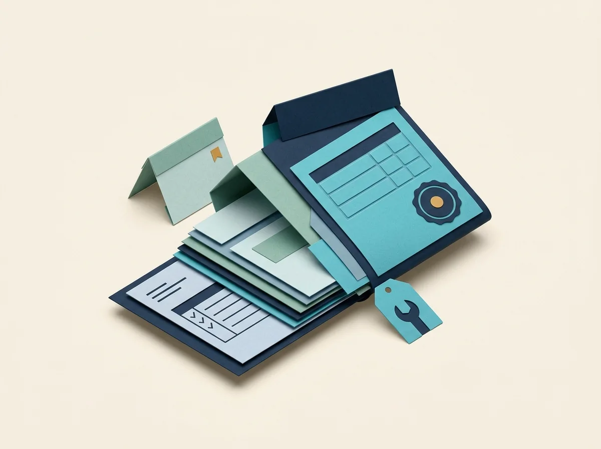 Service work documents unfold into an invoice folio with a tool tag and payment seal.