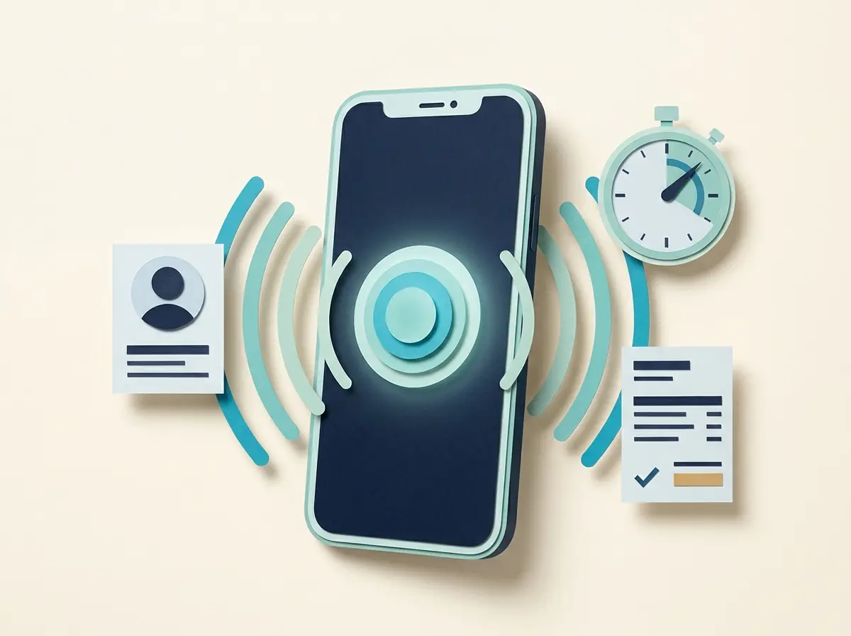 A paper smartphone with a layered teal voice orb sends sound waves toward a client profile card, a running stopwatch, and an invoice with a checked total.