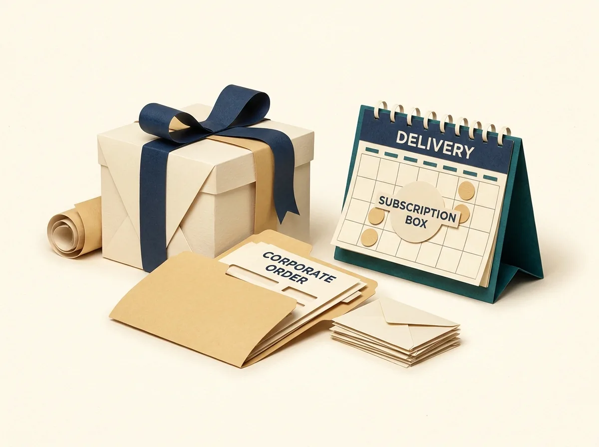 A wrapped subscription box beside delivery cards and a desk calendar.