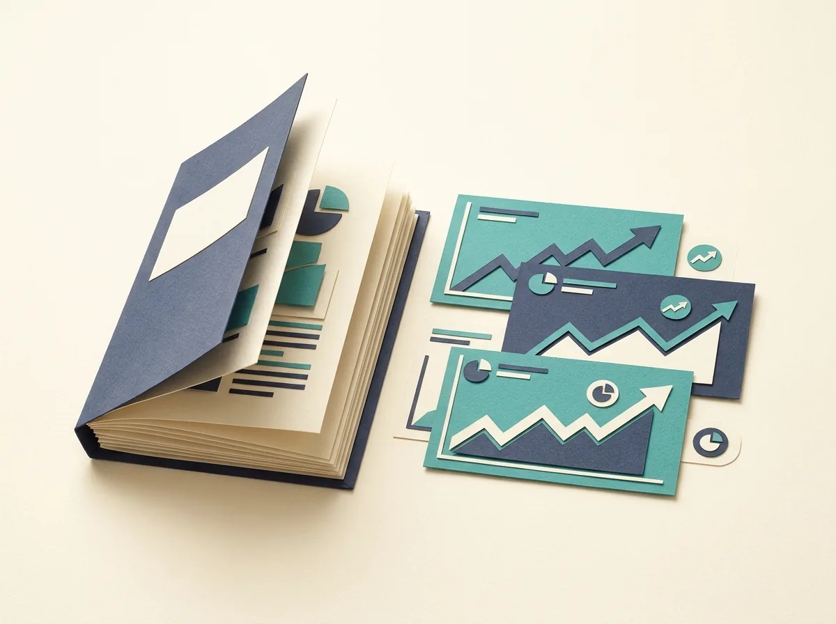 An open lesson book beside separate financial chart cards.