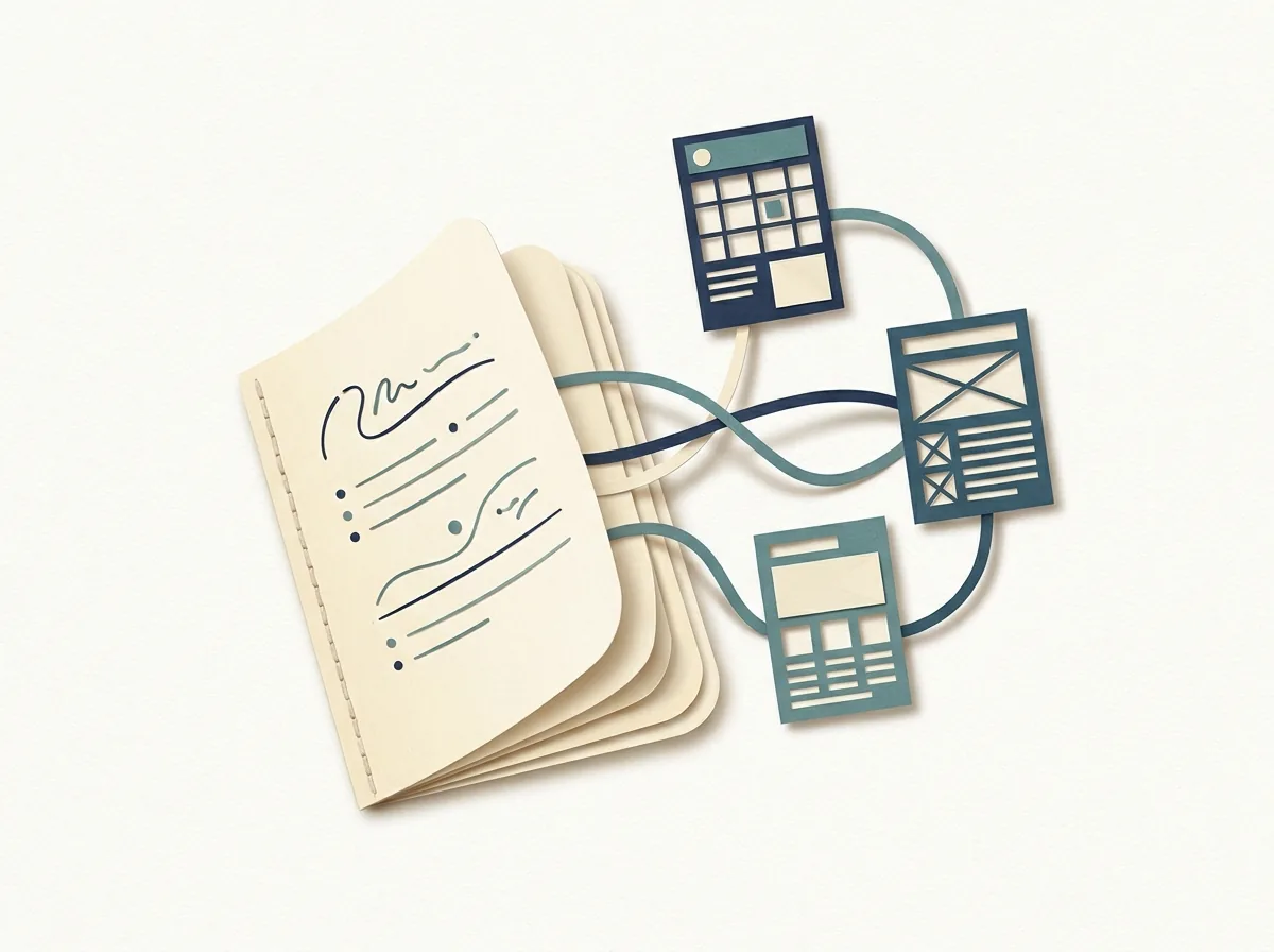 Wireframe cards connected to an open research notebook.