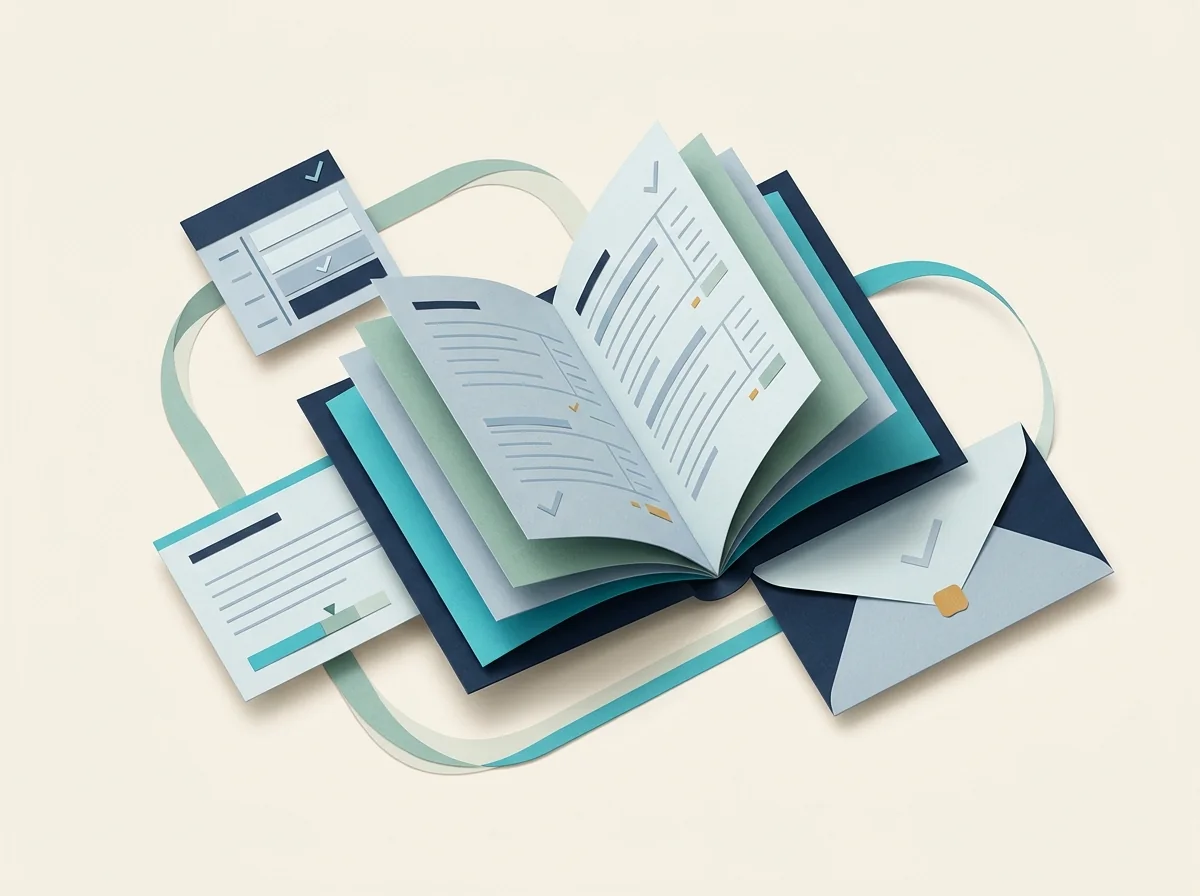 An open bookkeeping book connects to project cards and an envelope through a teal client-work ribbon.