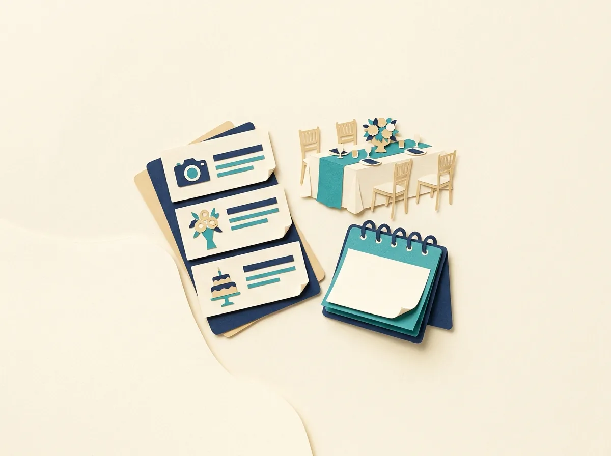 Wedding vendor cards beside a decorated table and desk calendar.