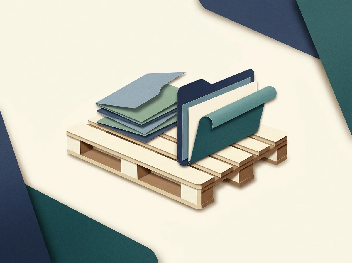 Client folders and stacked papers rest on a wooden shipping pallet.