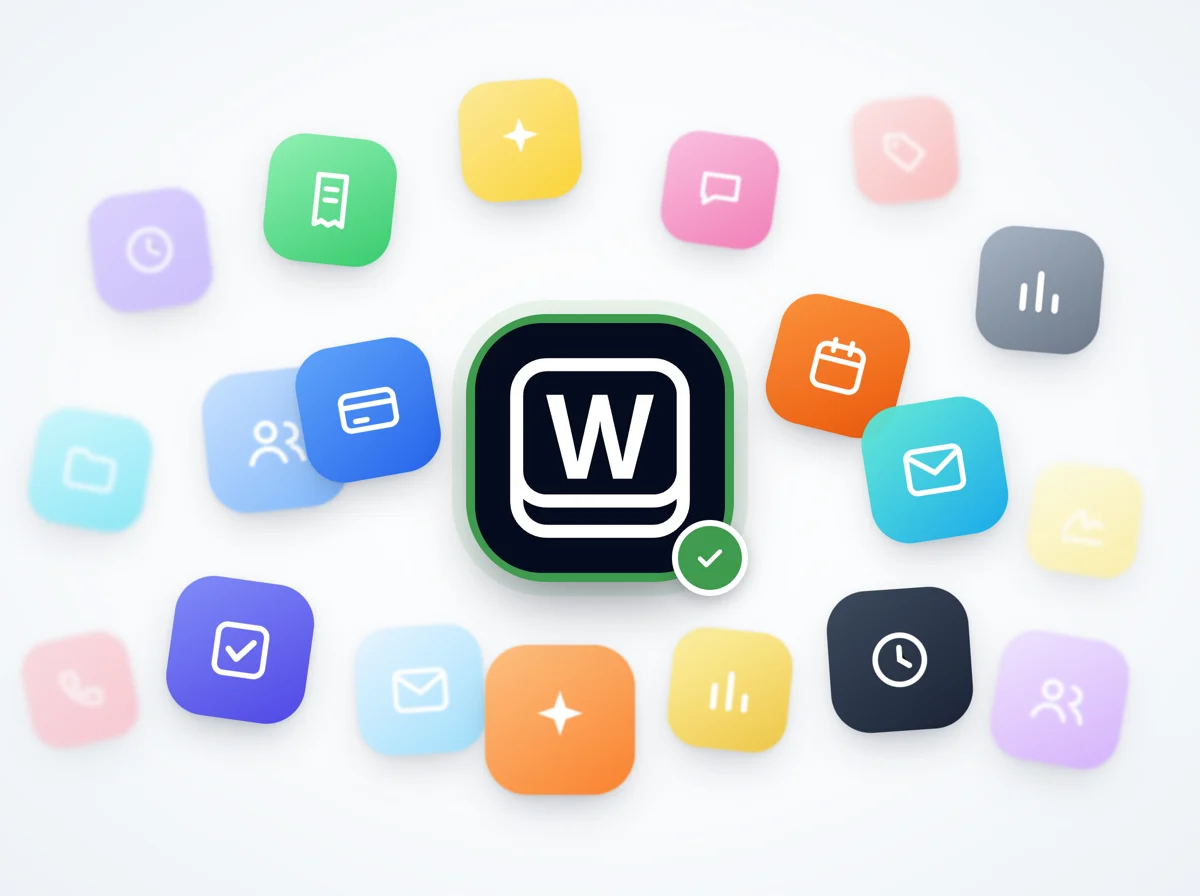 The Workspace369 app icon with a green published check mark, surrounded by colorful tiles for invoices, calendar, messages, payments and reports.
