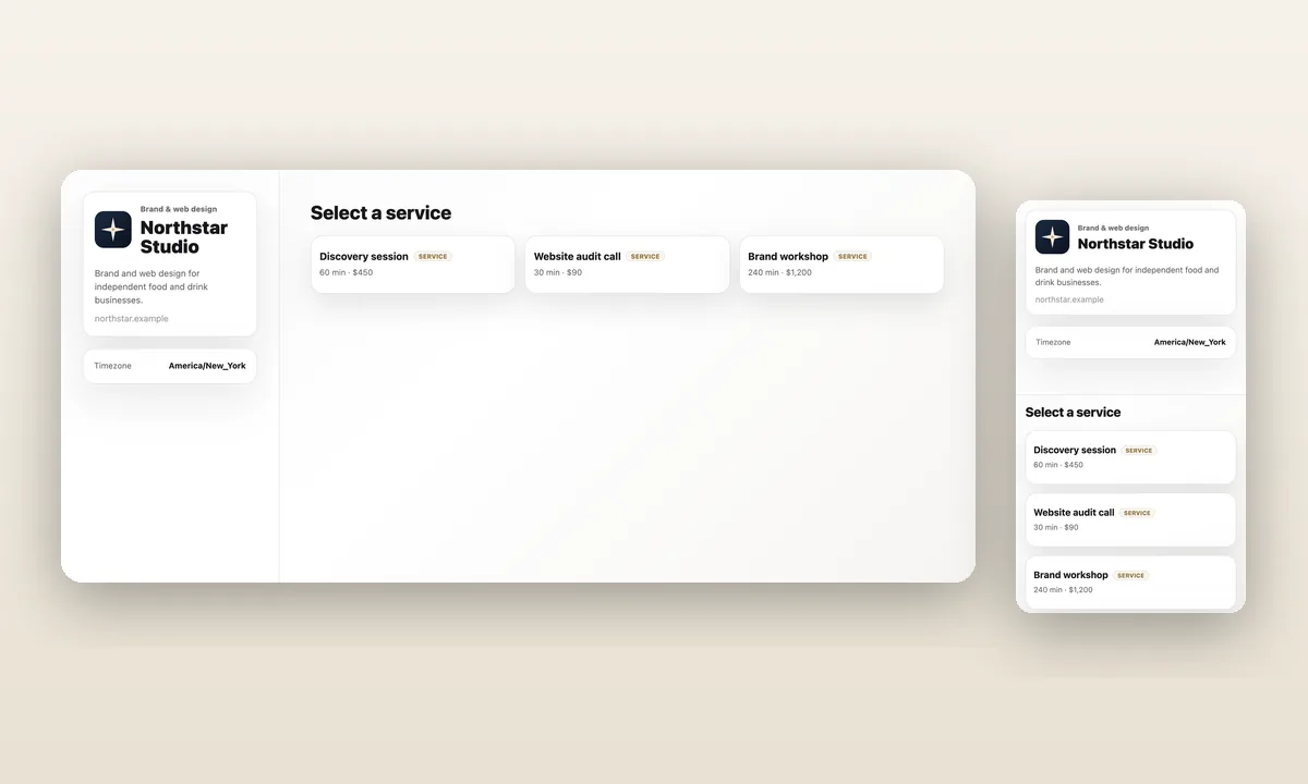 A studio booking page on desktop and phone listing Discovery session, Website audit call and Brand workshop with prices.