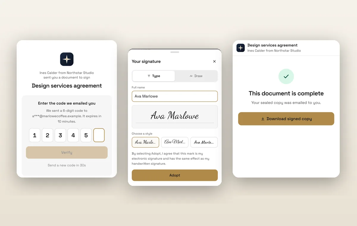 De contractondertekeningsflow: een zescijferige e-mailcode, het ondertekenschrift met een getypte naam, en Dit document is voltooid.