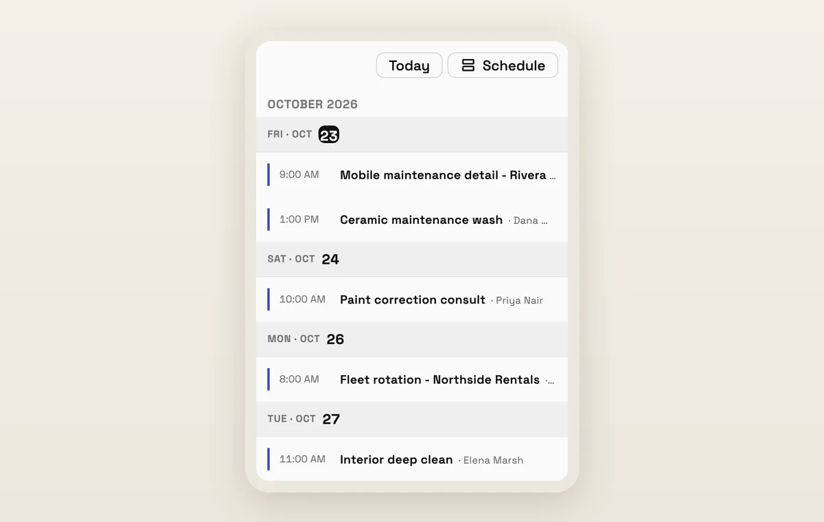 Workspace369 mobile app Schedule view for a detailing business, October 2026, listing the week's jobs by day and time: a mobile maintenance detail, a ceramic maintenance wash, a paint correction consult, a fleet rotation visit for a rental company and an interior deep clean