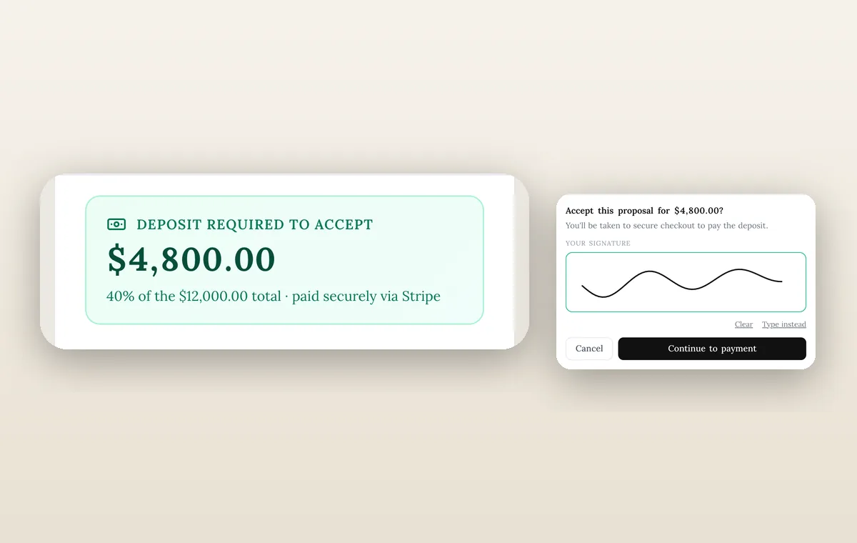 دفعة مقدمة مطلوبة للقبول، 4,800 دولار أو 40٪ من إجمالي 12,000 دولار مدفوعة عبر Stripe، وحوار القبول مع توقيع مرسوم وزر "متابعة للدفع".