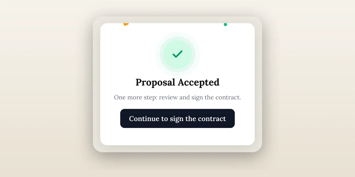 Het scherm Offerte Geaccepteerd: nog één stap, beoordeel en onderteken het contract, met een knop "Doorgaan met het ondertekenen van het contract".