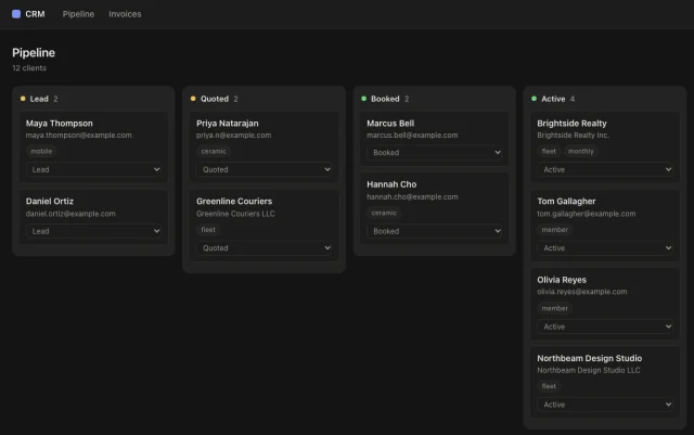Demo CRM an AI agent built on Workspace369: sample clients in pipeline stage columns.
