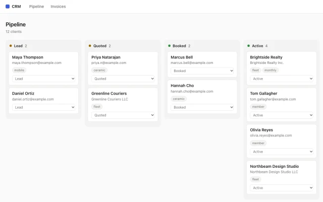 Demo CRM an AI agent built on Workspace369: sample clients in pipeline stage columns.