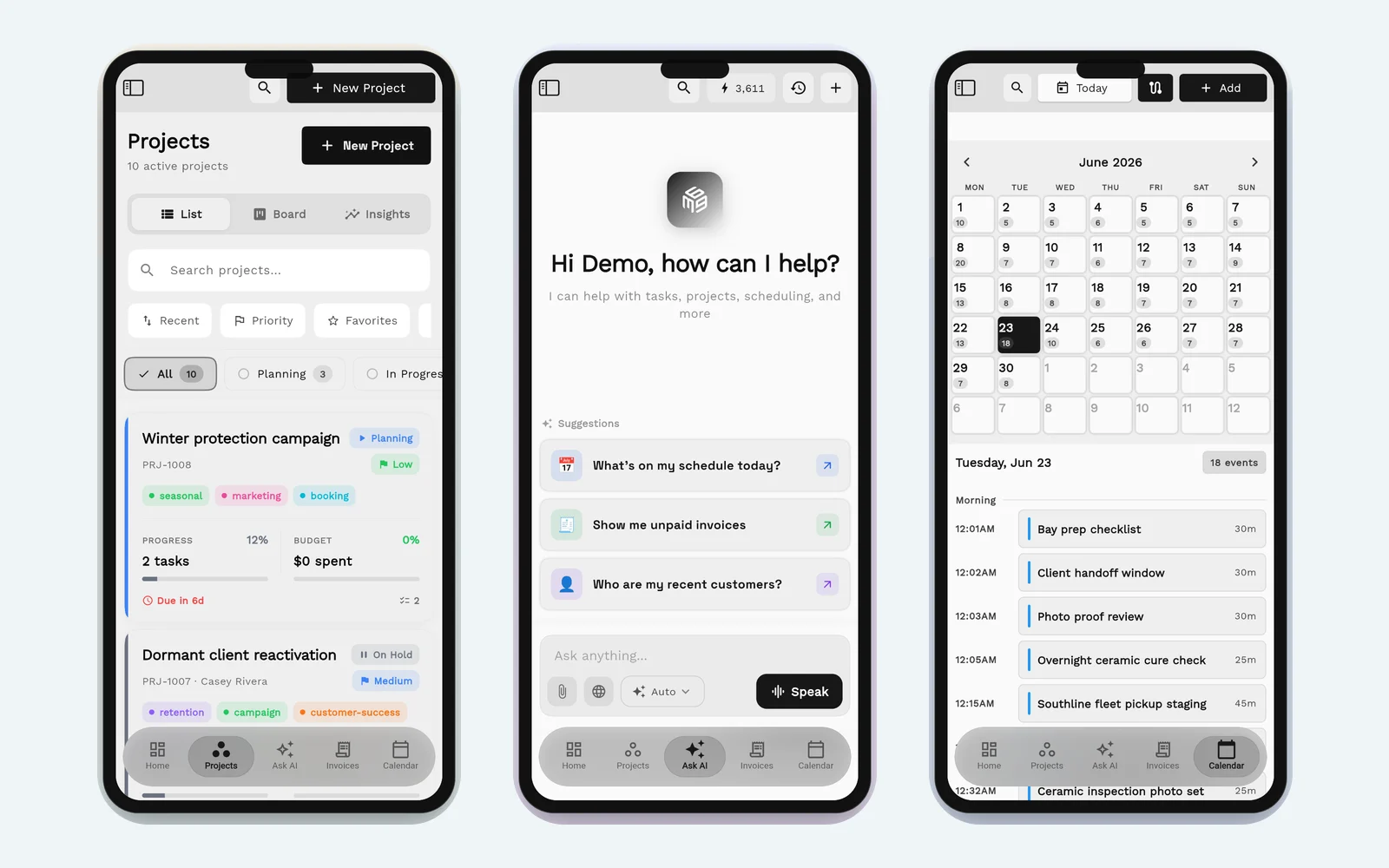 Workspace369 on iPhone showing the projects list, Ask AI and the calendar