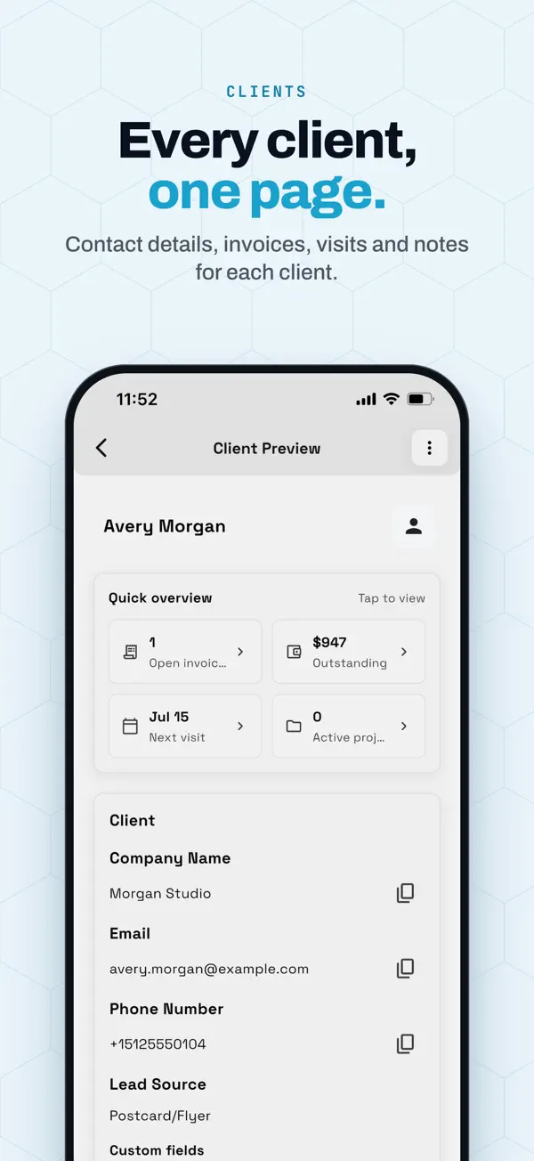 Workspace369 App Store screenshot: an iPhone client page with open invoices, amount outstanding and the next visit