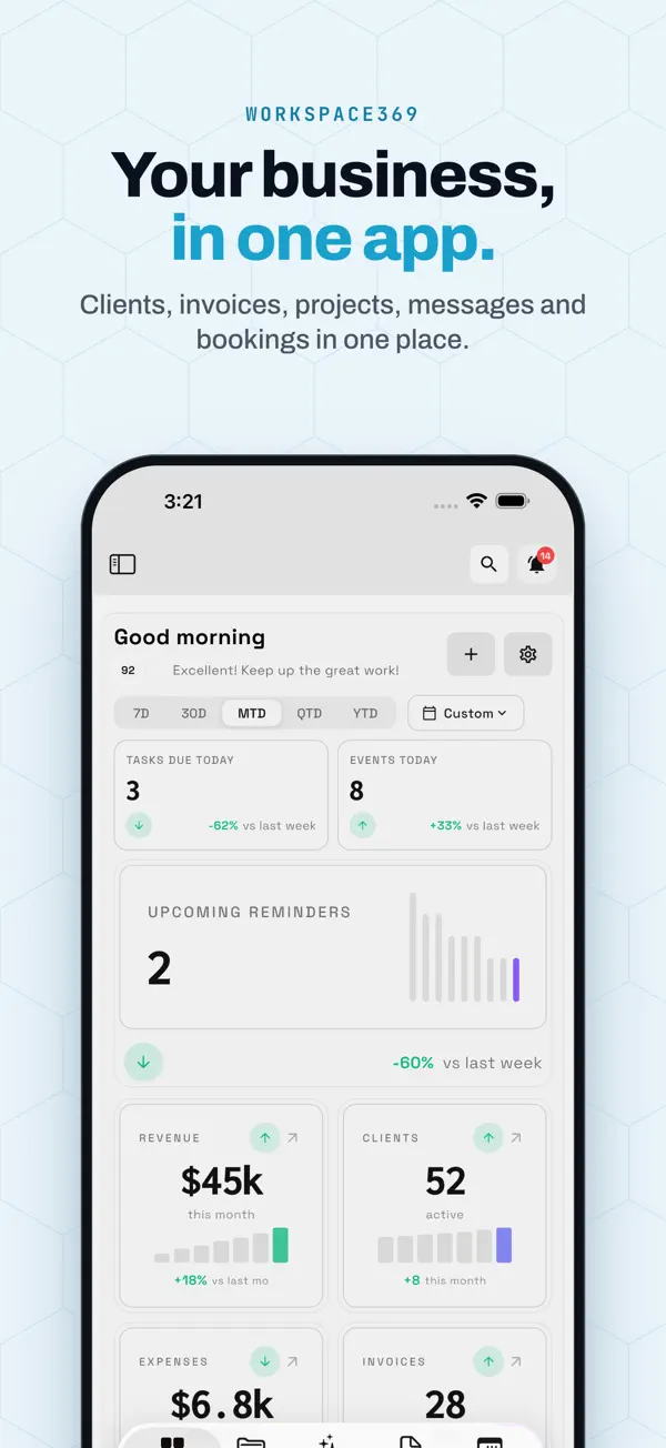 Workspace369 App Store screenshot: the iPhone dashboard with tasks and events today, reminders, revenue and clients
