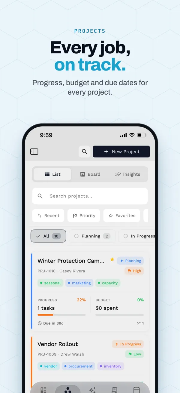 Workspace369 App Store screenshot: the iPhone projects list with status and priority tags, progress and budget