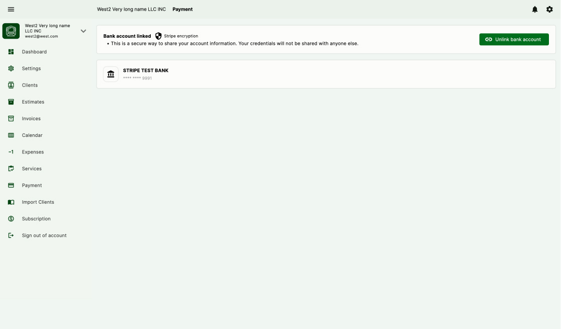 Workspace369 payment settings showing a bank account linked through Stripe for collecting client payments