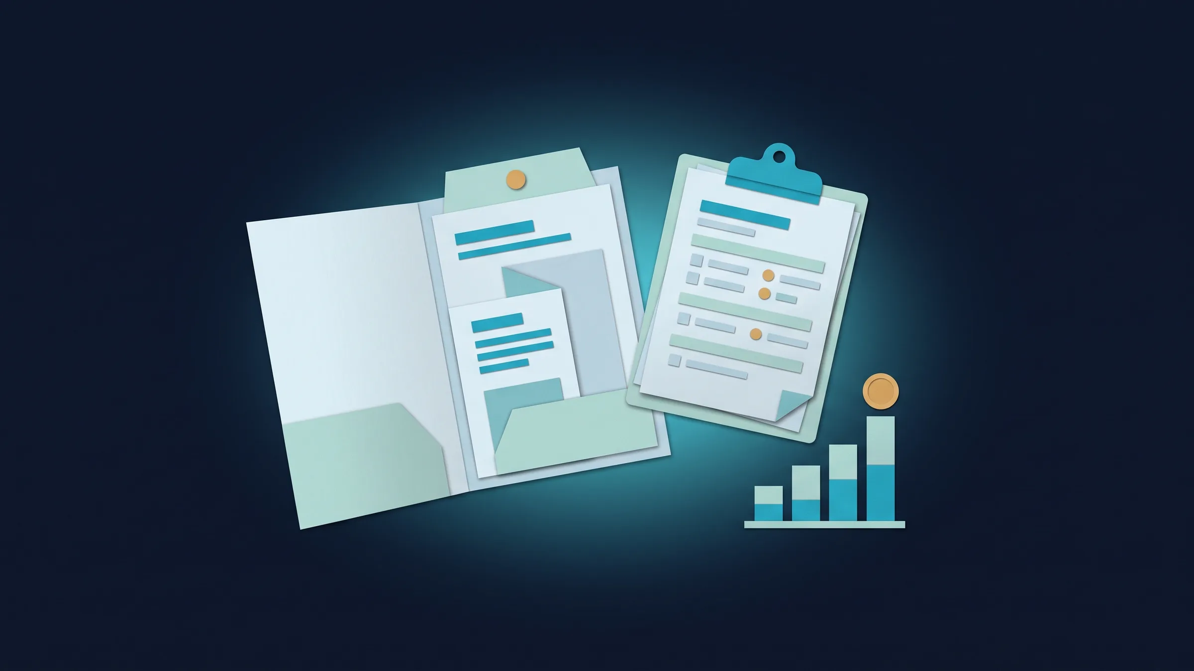 Cut-paper illustration: an open proposal folio, a clipboard intake form and a small rising bar chart with a coin.