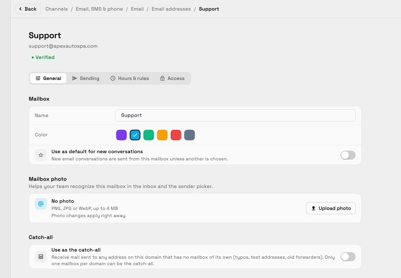 Settings for the support@ email address: General, Sending, Hours and rules and Access tabs, with the mailbox name and color, a default-for-new-conversations switch, a mailbox photo and the catch-all switch.