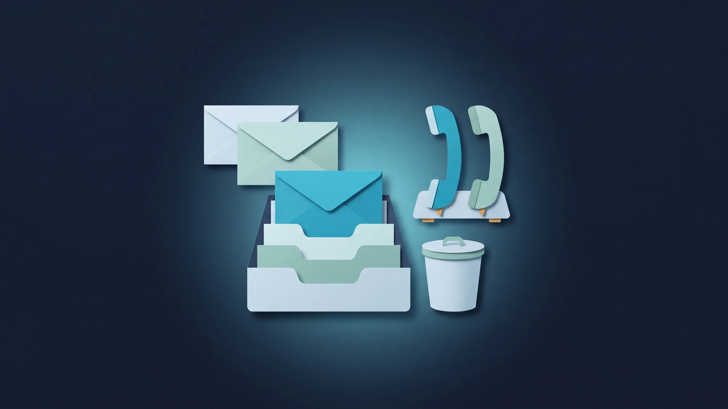Cut-paper illustration: envelopes sliding into an inbox tray, two telephone handsets and a small bin.