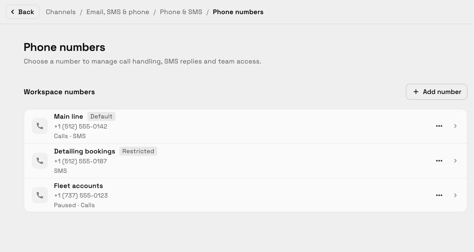 The Phone numbers settings page listing three workspace numbers: Main line for calls and texts set as the default, Detailing bookings for texts only and restricted, and Fleet accounts paused.