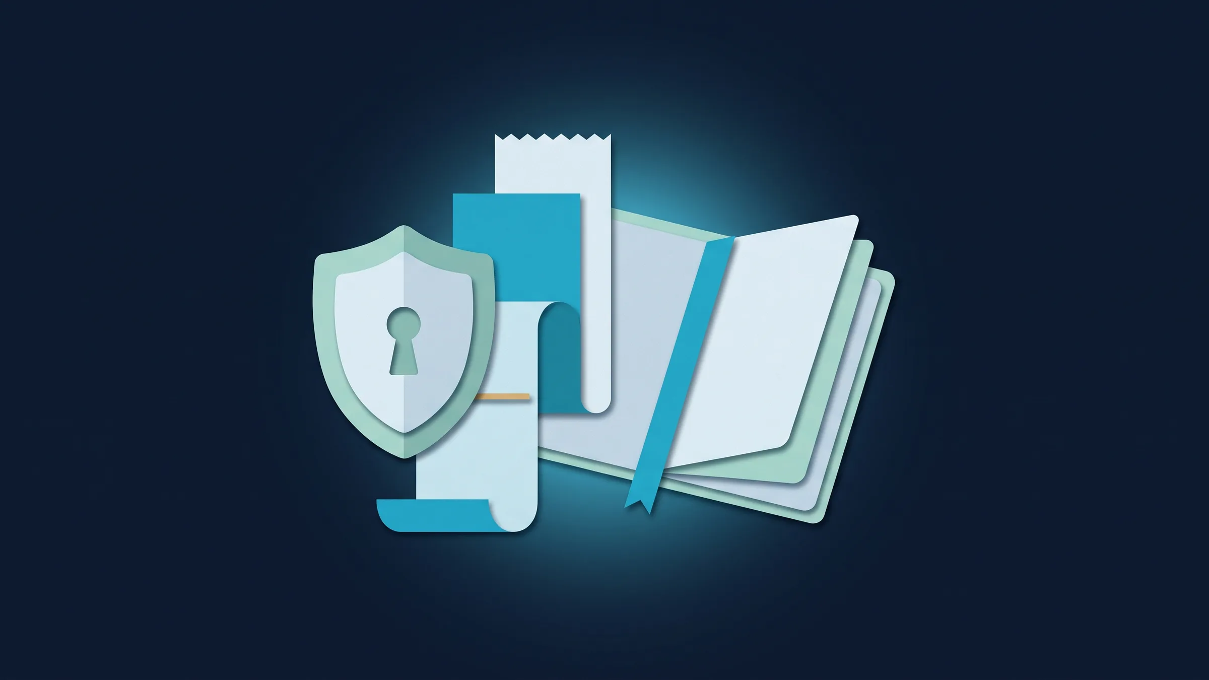 Cut-paper illustration: a shield with a keyhole, a long receipt and an open notebook with a ribbon bookmark.