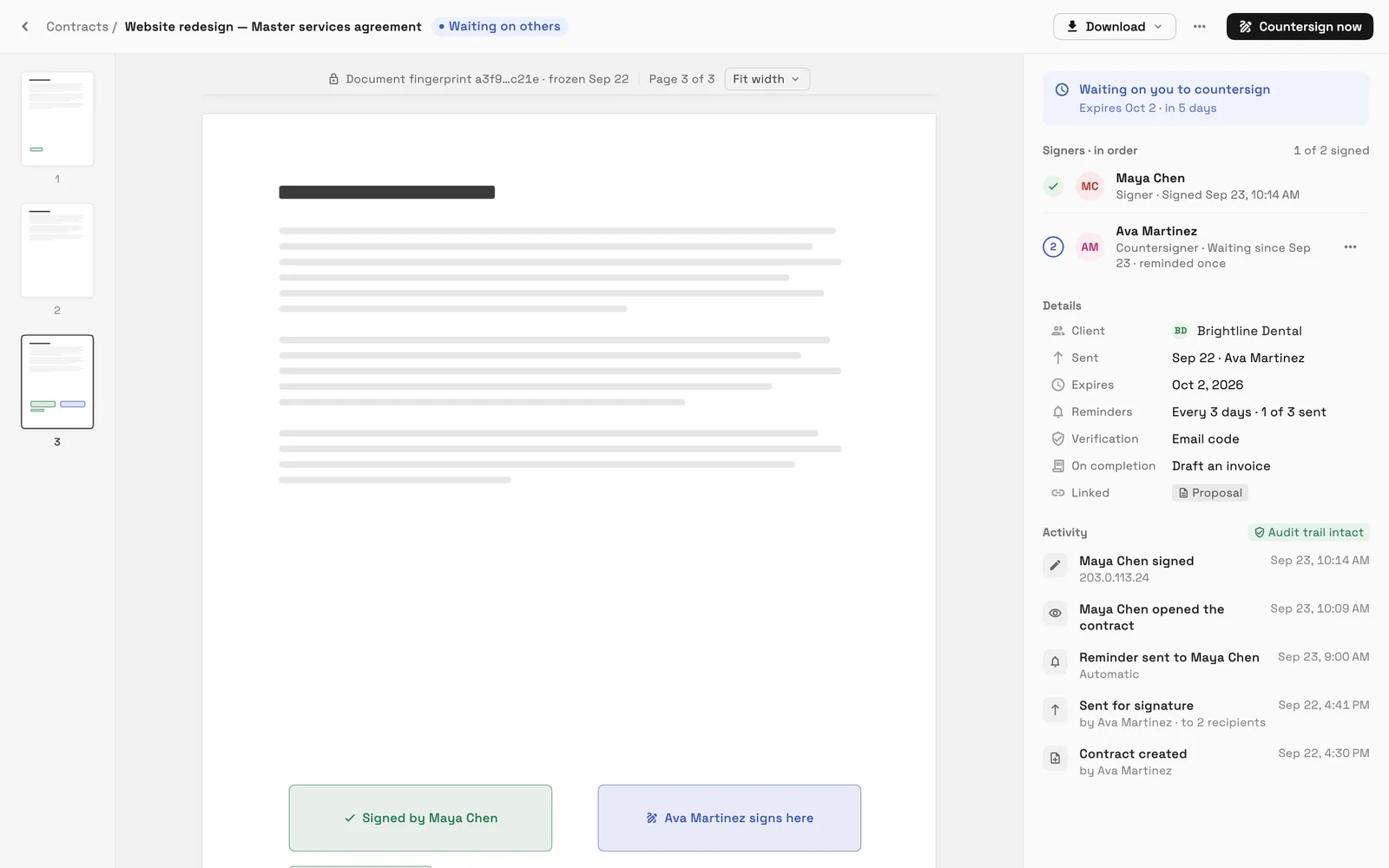 A contract waiting on a countersignature: one of two signers has signed, with the signing order, reminders every 3 days, email code verification and the activity timeline beside the document.