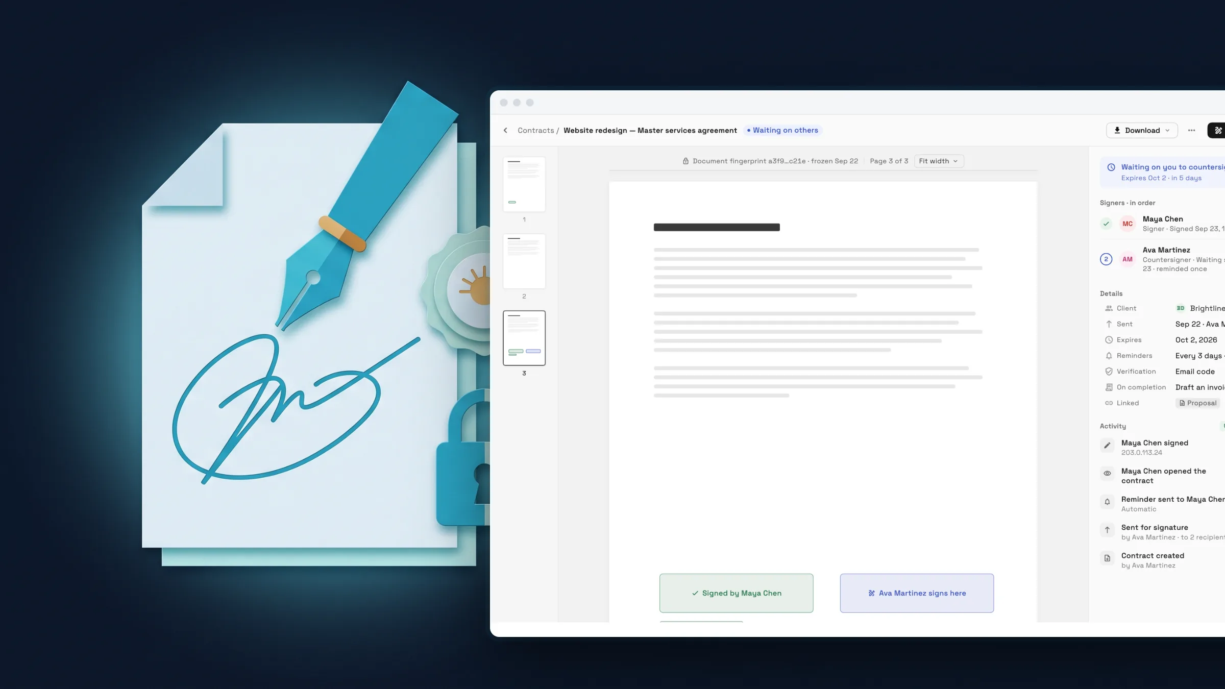 A paper contract with a fountain pen, signature, seal and padlock beside a real Workspace369 contract waiting on a countersignature.