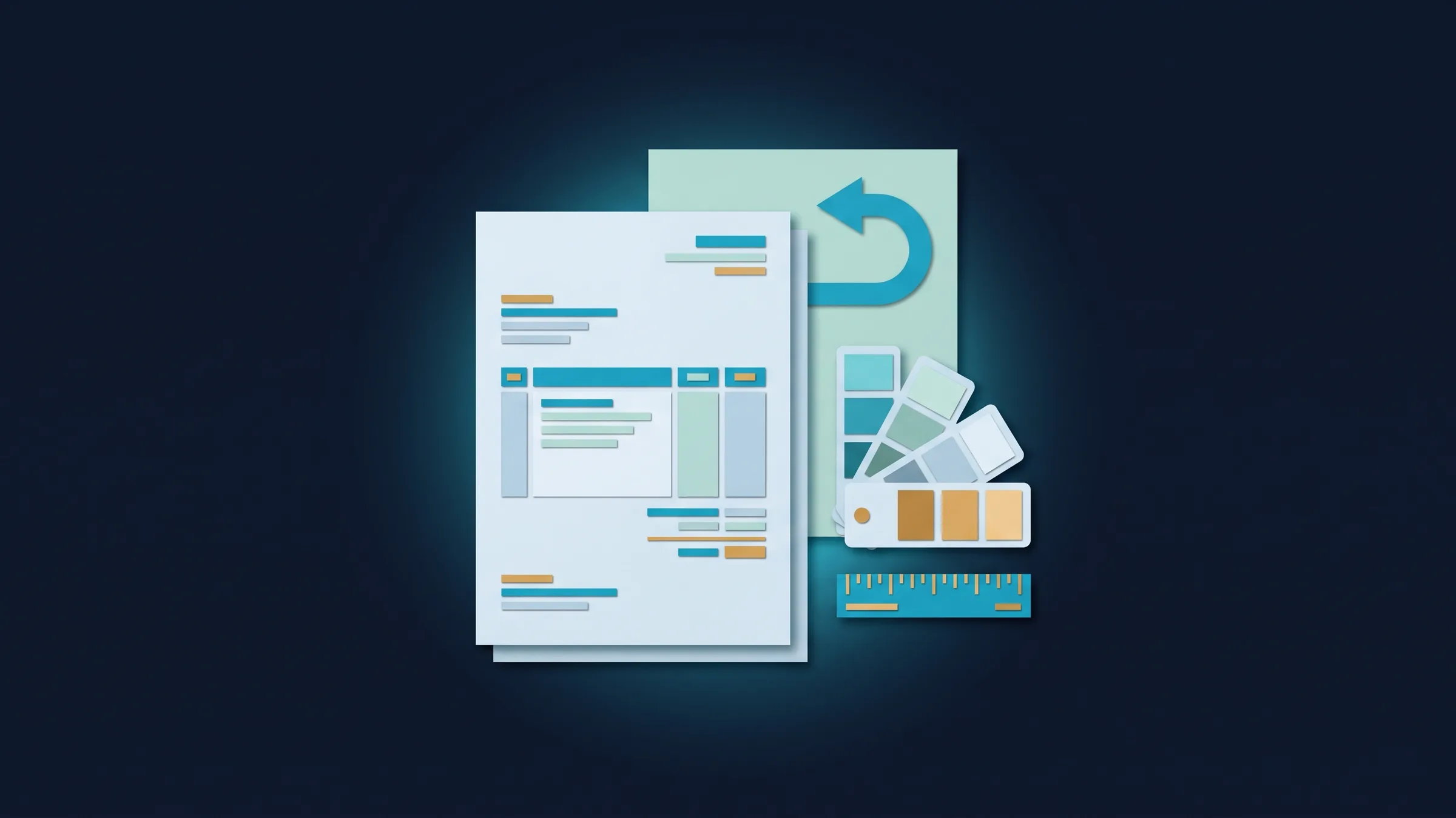 Cut-paper illustration: an invoice sheet with color swatches and a ruler, and a second sheet behind it with a revision arrow.