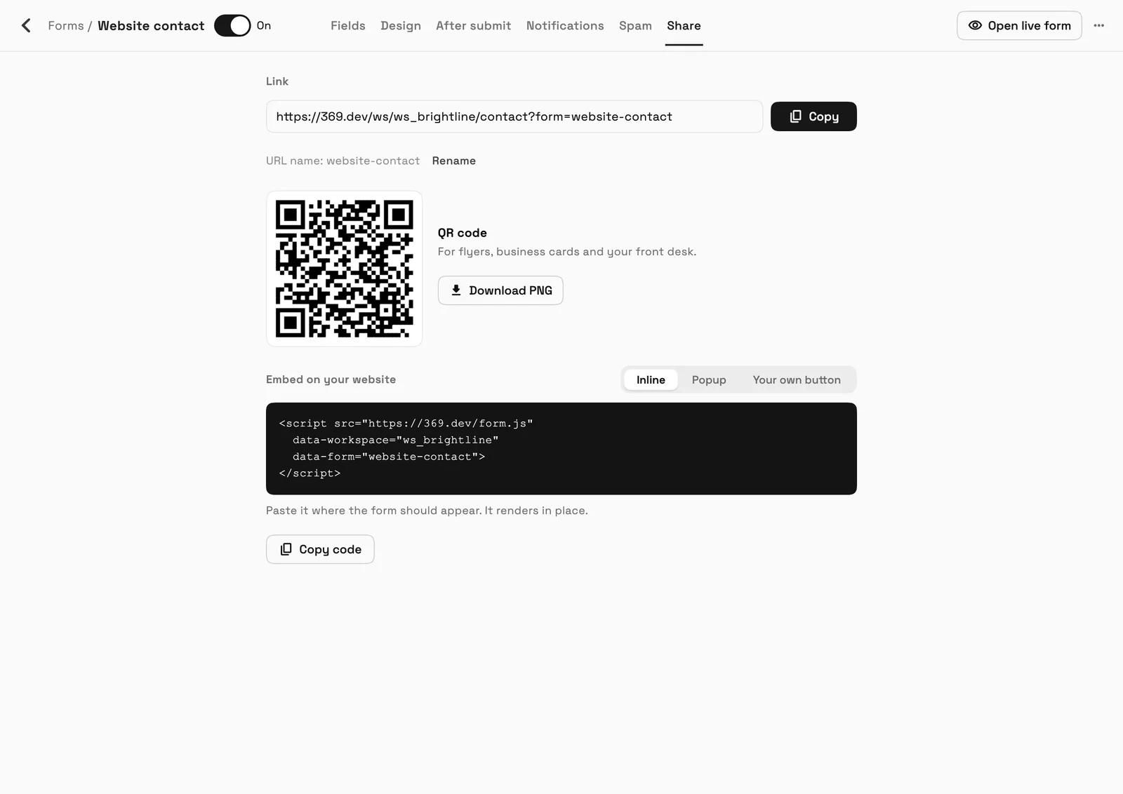 The Share tab of a website contact form with its link, a downloadable QR code and embed code with inline, popup and your own button options.