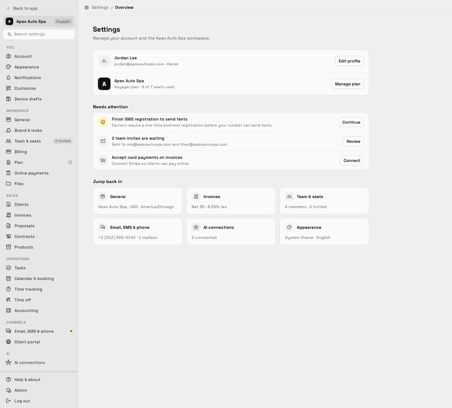 The Settings overview: a sidebar grouped into You, Workspace, Sales and Operations under a search box, with items that need attention and Jump back in shortcuts.