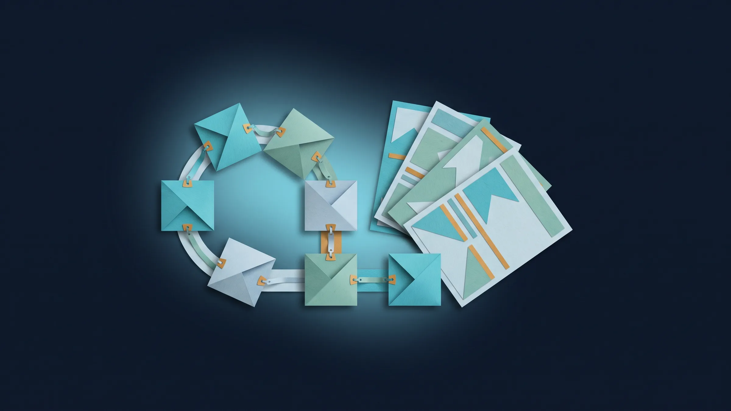 Cut-paper illustration: a loop of connected nodes running along a track, beside a fan of template cards.