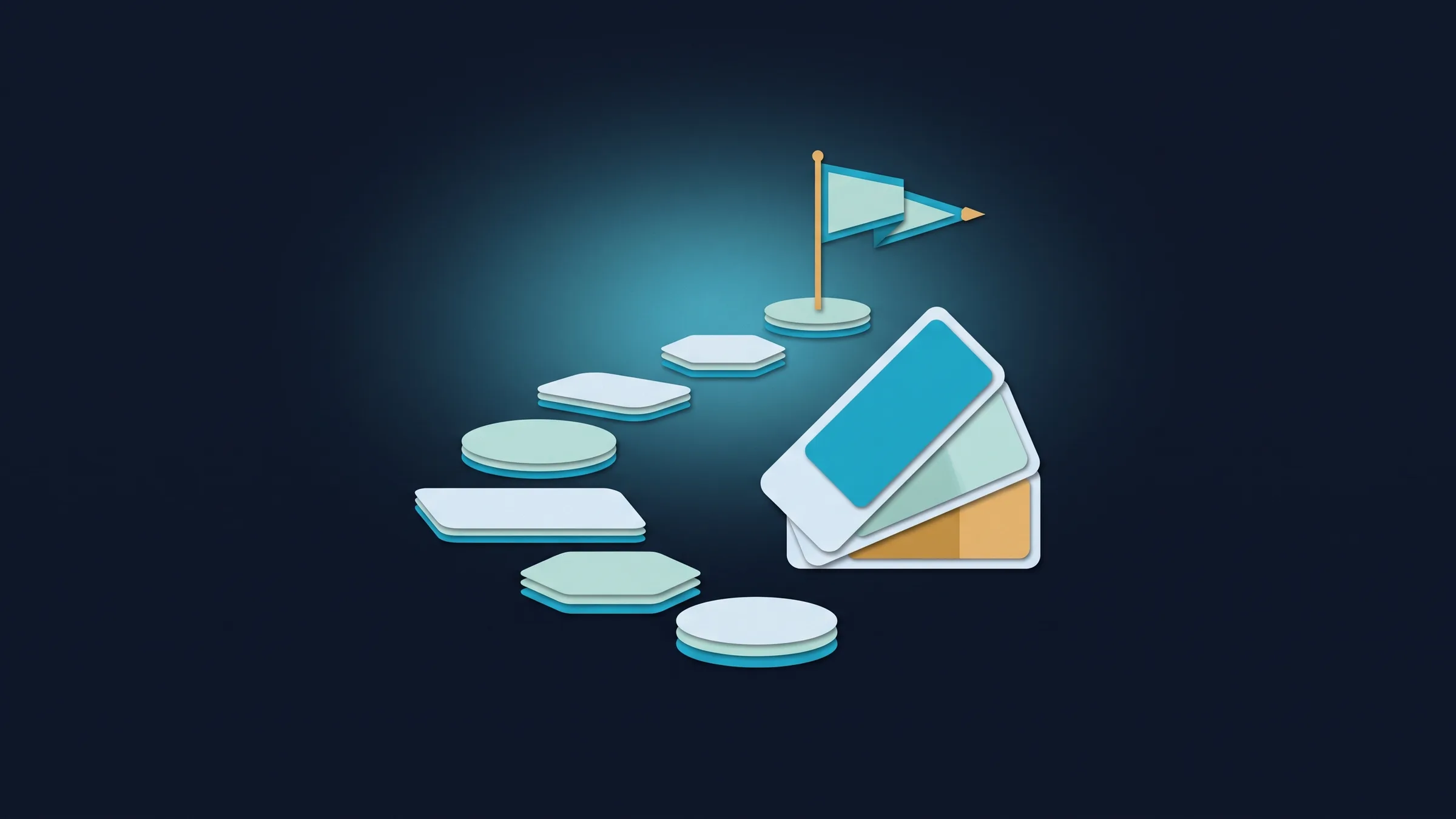 Cut-paper illustration: stepping stones rising to a small flag, next to a fan of color swatch cards.