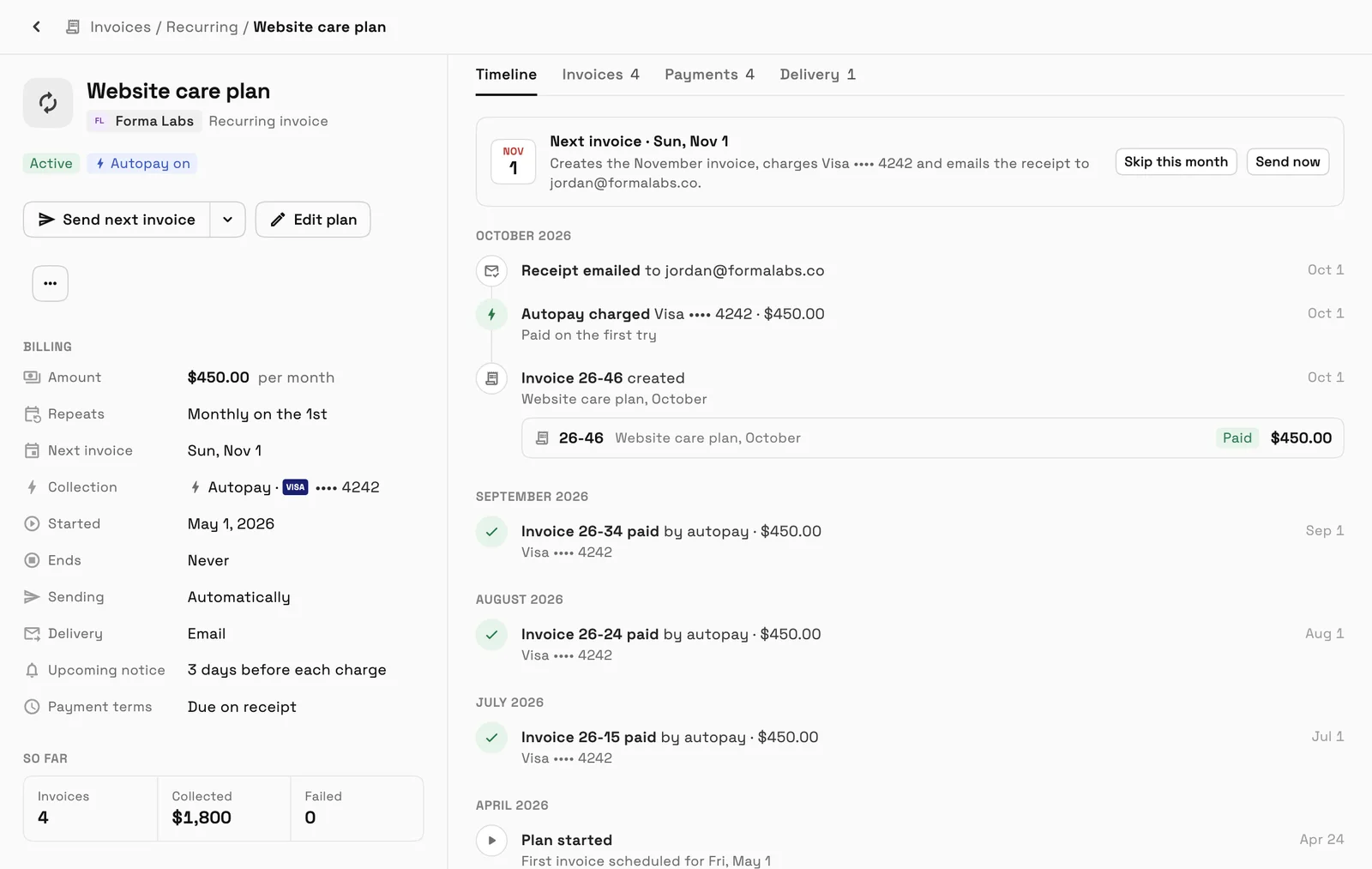A recurring Website care plan at $450 a month with autopay on a Visa card, a 3-day upcoming-charge notice, and a timeline of invoices paid by autopay each month.