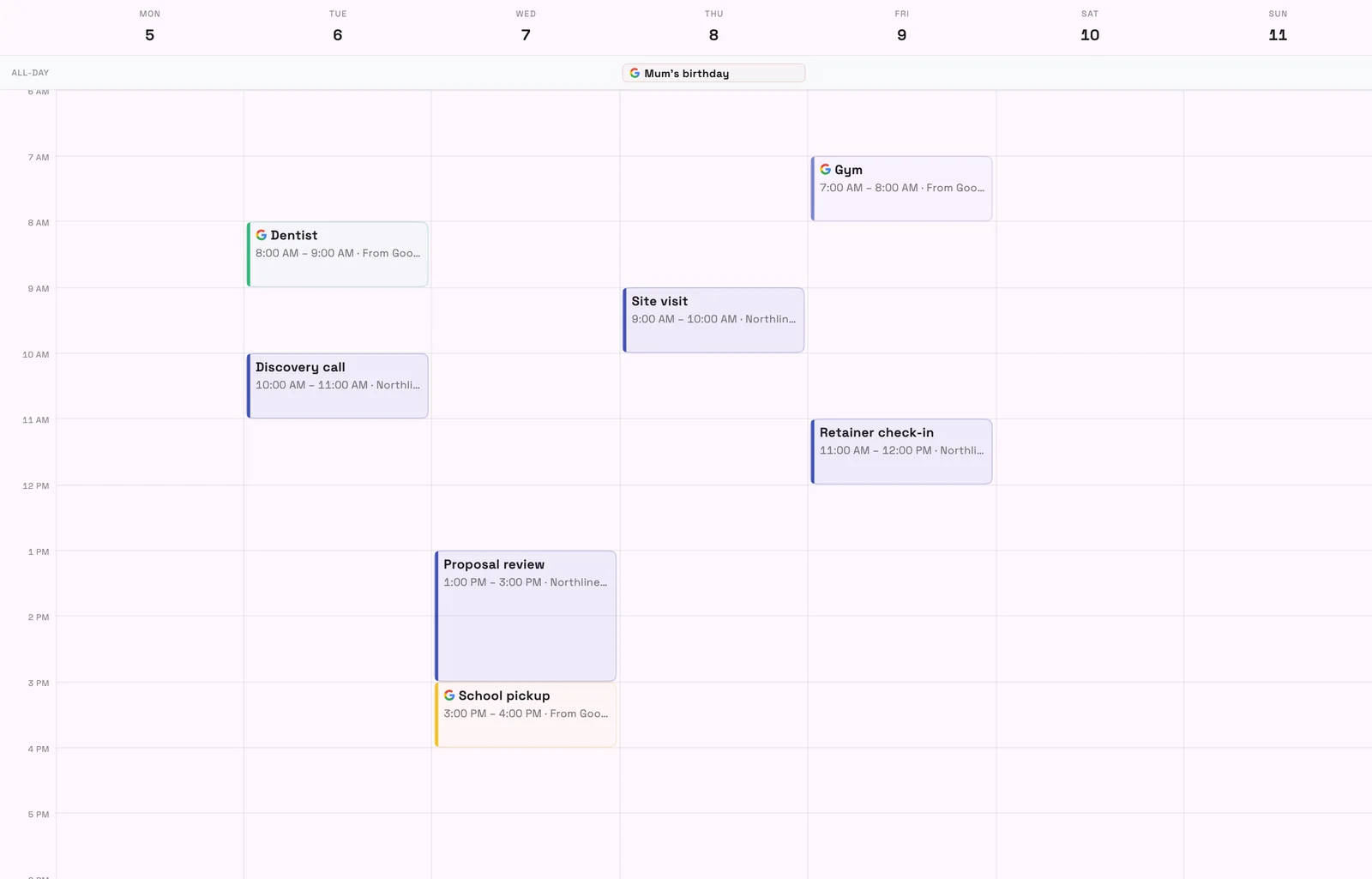 A week in the Workspace369 calendar with Google events such as Dentist, Gym and School pickup shown next to client meetings like a discovery call and a proposal review.
