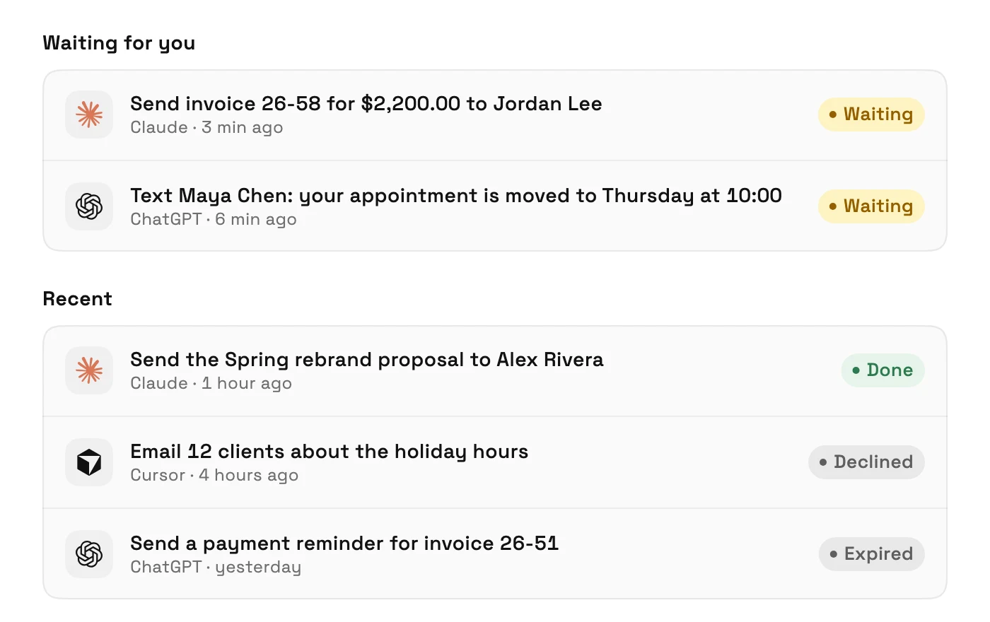 The Approvals page: two requests waiting for you, an invoice from Claude and a text from ChatGPT, and recent requests marked Done, Declined and Expired.