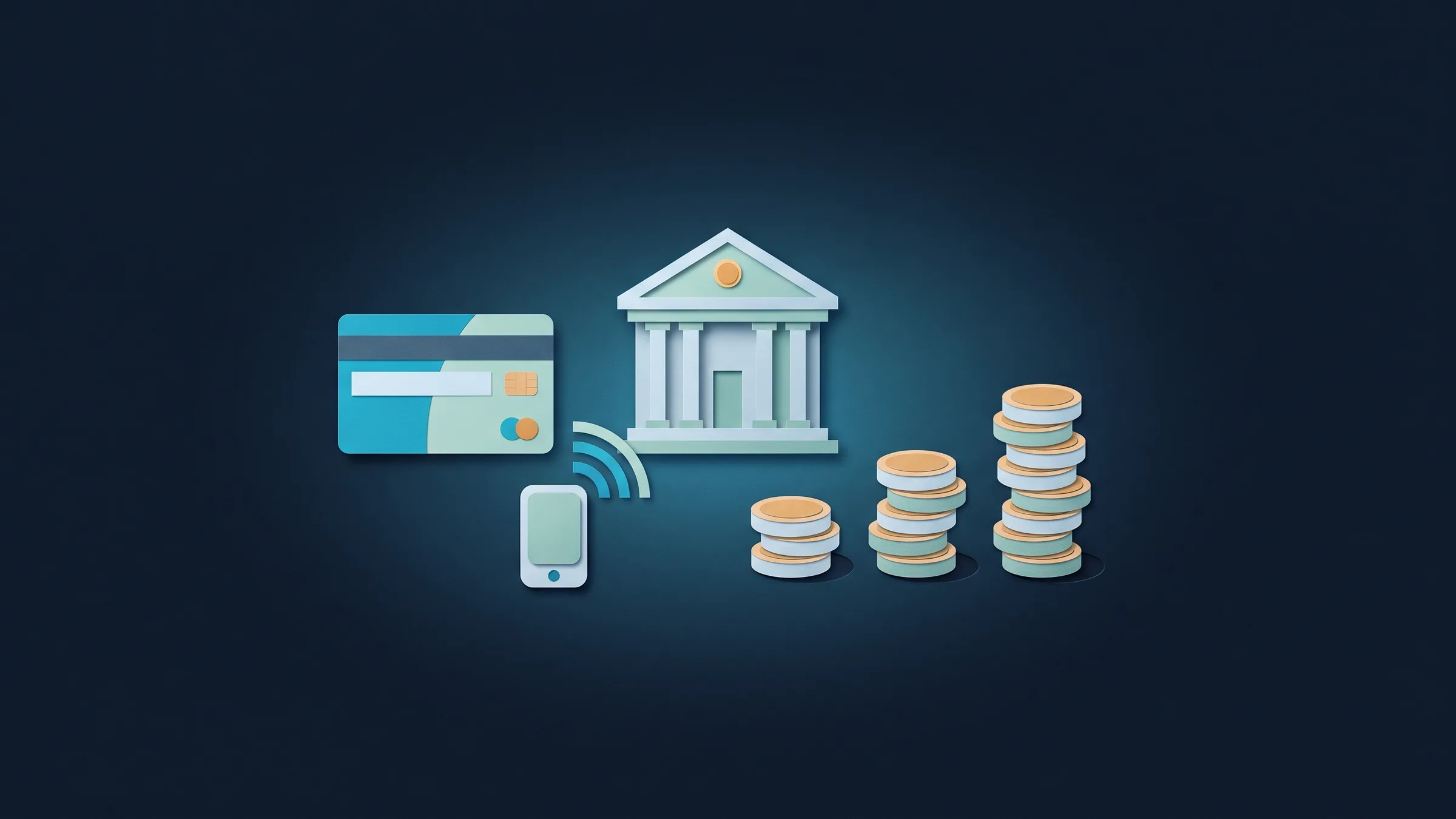 Cut-paper illustration: a payment card, a phone with contactless waves, a bank building and three coin stacks of rising height.