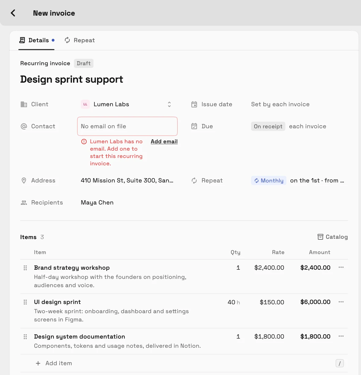 The invoice editor's Details tab for a recurring invoice: Lumen Labs has no email on file, flagged in red under the Contact field with an Add email link, next to the client, due and repeat rows, with three line items below.