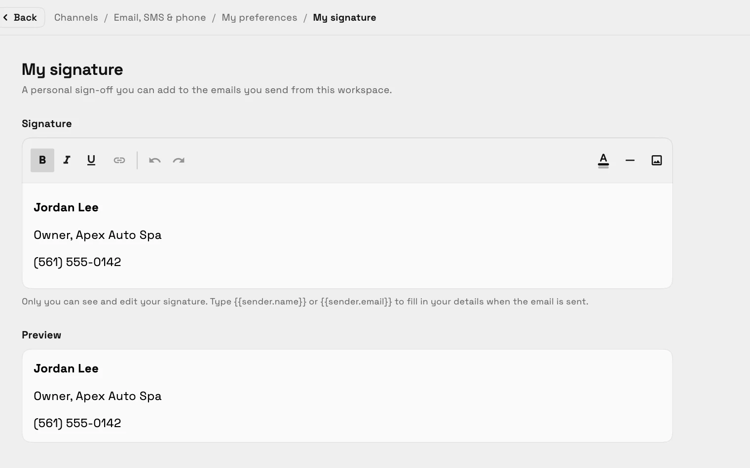 The My signature editor with bold, italic, underline, link, text color, divider and image tools, a three-line signature for Jordan Lee at Apex Auto Spa and its preview below.