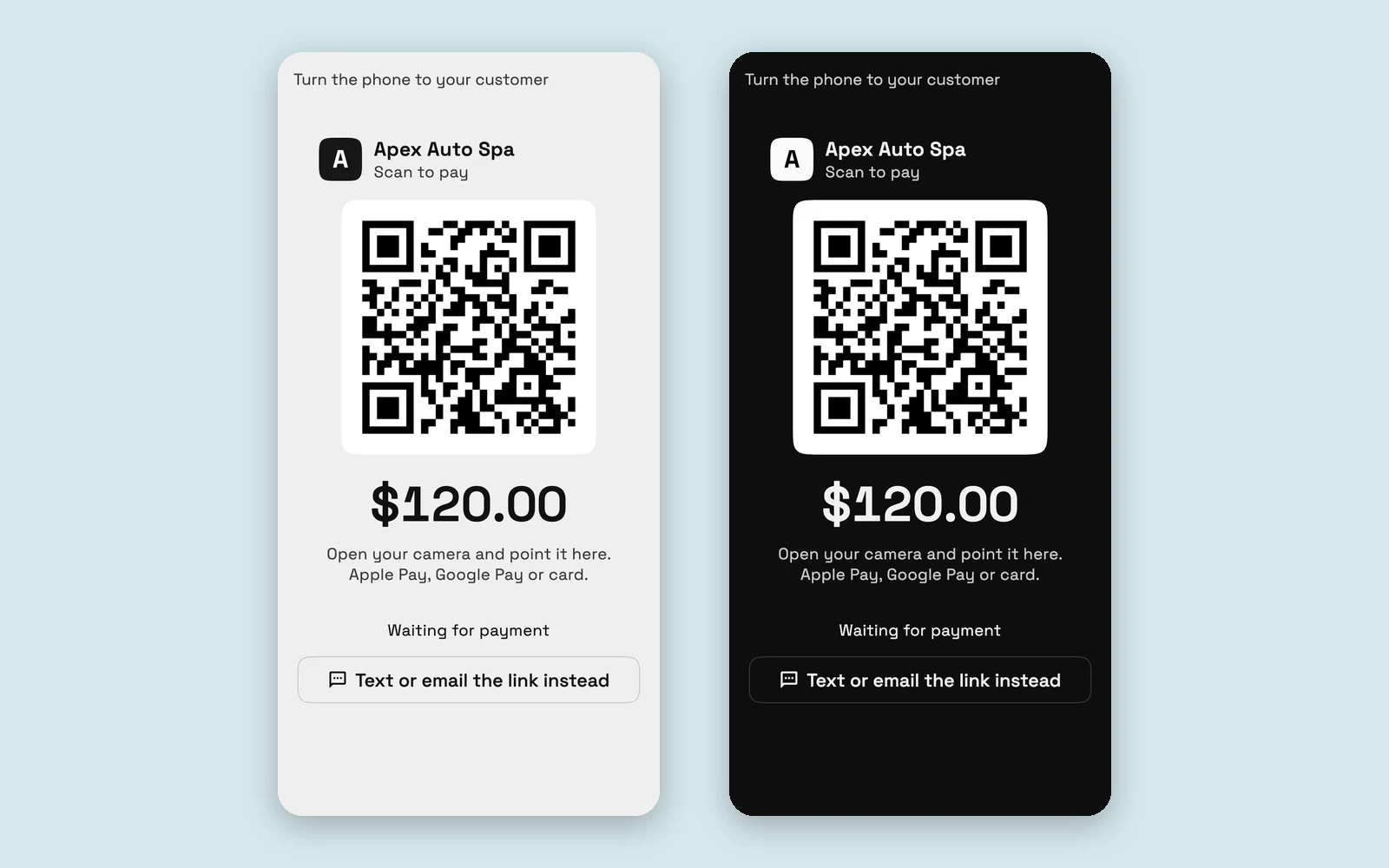 Flash Pay's QR screen in light and dark mode: Apex Auto Spa, Scan to pay, a large QR code above $120.00 and the line Apple Pay, Google Pay or card.