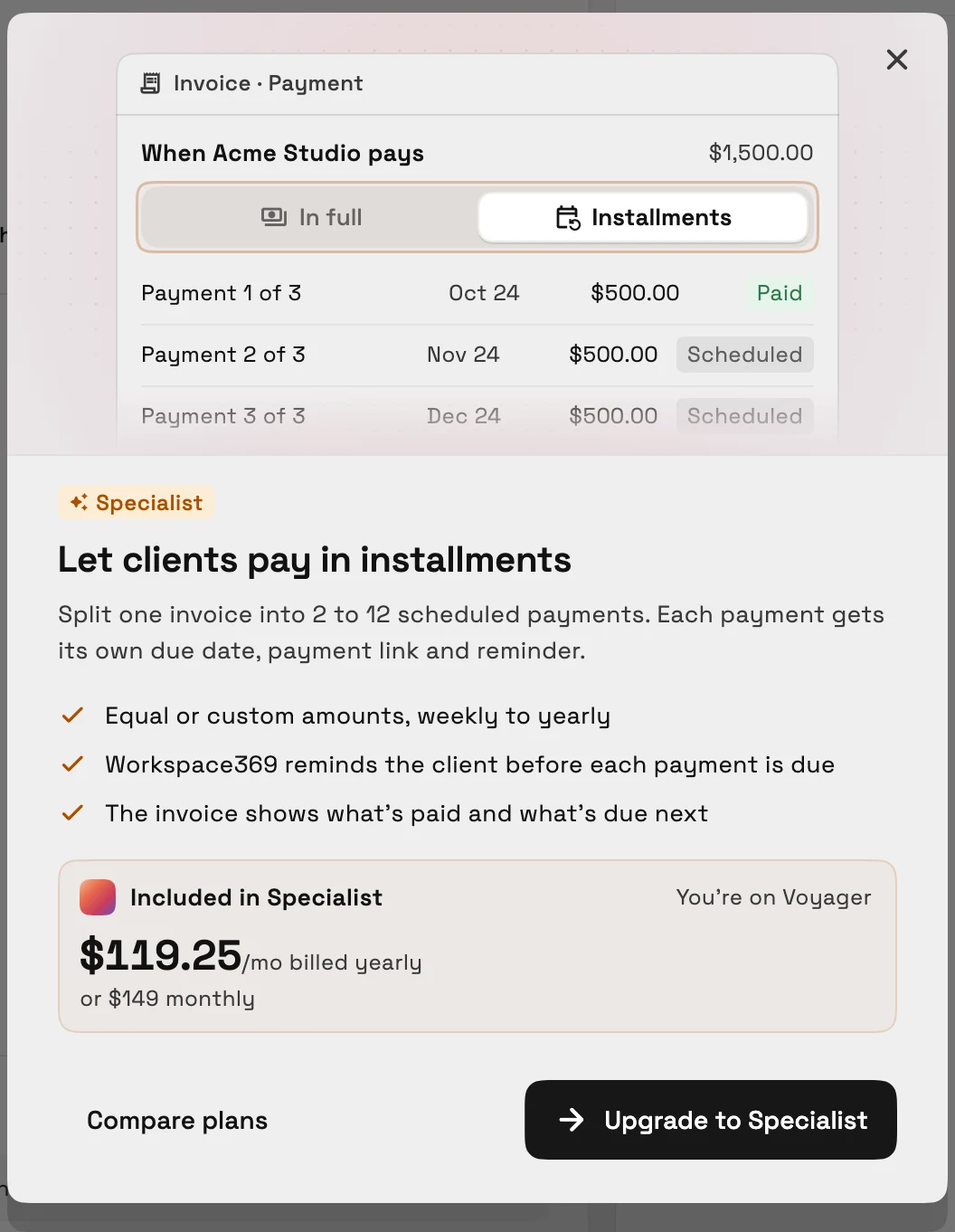 The Unlock dialog for installments: a preview of an invoice split into three payments, the Specialist badge, Let clients pay in installments with three points, Included in Specialist at $119.25 a month billed yearly or $149 monthly, and Upgrade to Specialist.