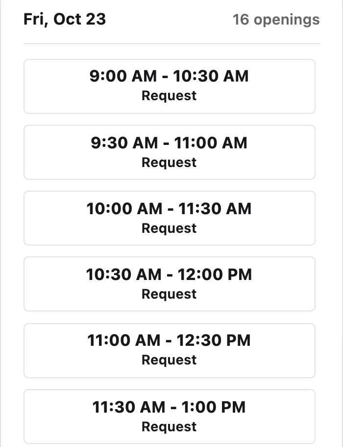A booking page for Fri, Oct 23 with 16 openings, where the first six times, from 9:00 AM to 1:00 PM, are each tagged Request.