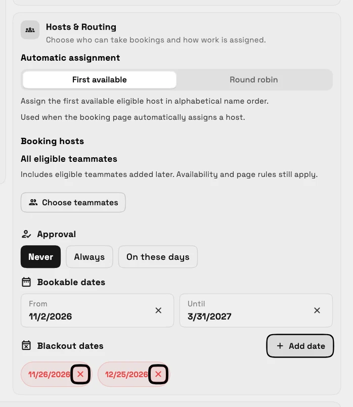 The Hosts and Routing card for a bookable service on desktop: Approval set to Never, then Bookable dates From 11/2/2026 Until 3/31/2027, then Blackout dates 11/26/2026 and 12/25/2026.