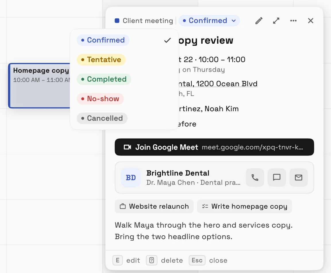 An appointment preview on the desktop calendar with its status menu open: Confirmed is checked, followed by Tentative, Completed, No-show in red and Cancelled.