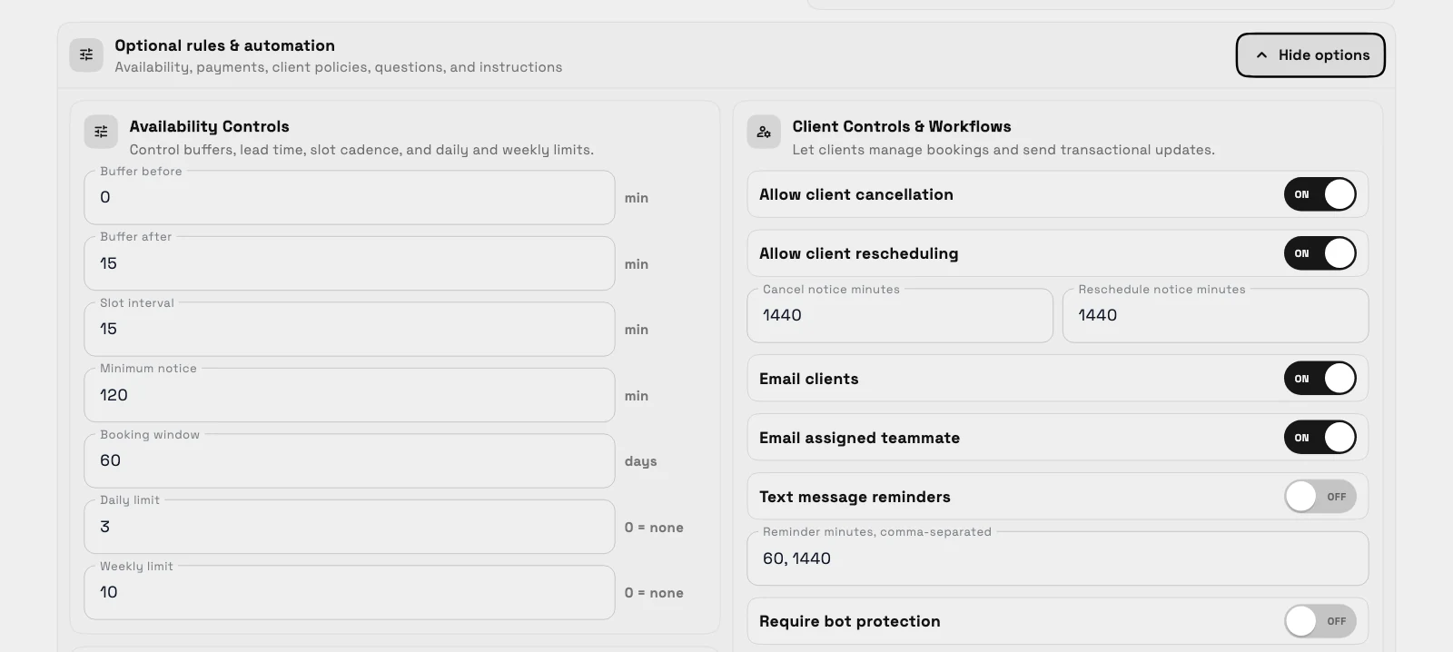 Optional rules and automation for a bookable service on desktop: Availability Controls with buffers, slot interval, minimum notice, a 60-day booking window, a Daily limit of 3 and a Weekly limit of 10, beside Client Controls and Workflows.