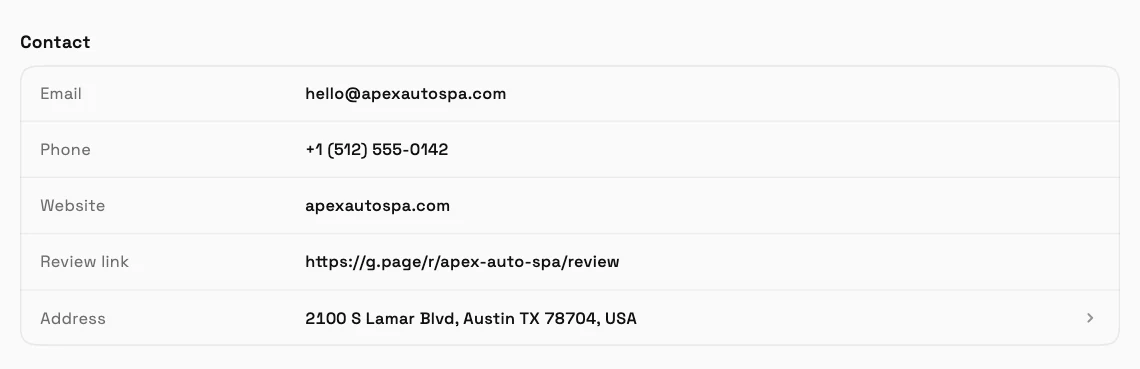 The Contact section of Settings › General on desktop: Email, Phone, Website, a Review link of https://g.page/r/apex-auto-spa/review, and Address.