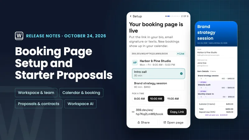 Una piastra di note di rilascio blu navy intitolata Impostazione pagina di prenotazione e Proposte iniziali, accanto a un rendering telefonico reale del passaggio di configurazione che dice La tua pagina di prenotazione è attiva con il suo link, e una proposta iniziale per una sessione di strategia del marchio con due extra opzionali.