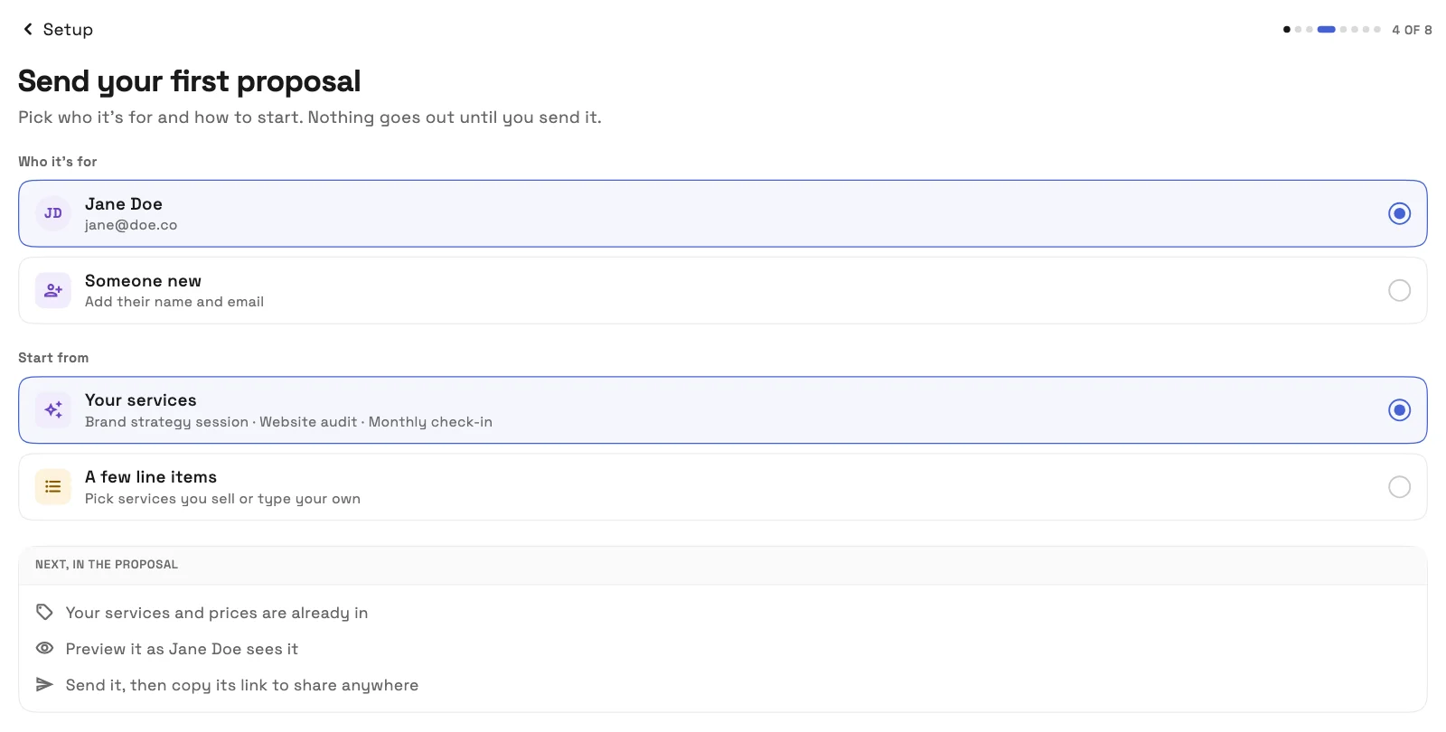 The Send your first proposal setup step on desktop: Jane Doe picked under Who it's for, and Your services picked under Start from, listing Brand strategy session, Website audit and Monthly check-in.